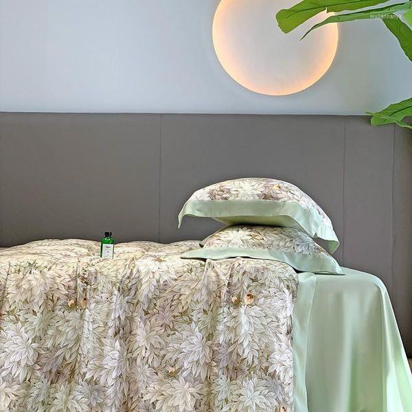 Set di biancheria da letto Eucalyptus Lyocell Premium Elegante Vintage Foglie di bambù Fiori Copripiumino Natura Morbida setosa Lenzuolo Federe 4 pezzi