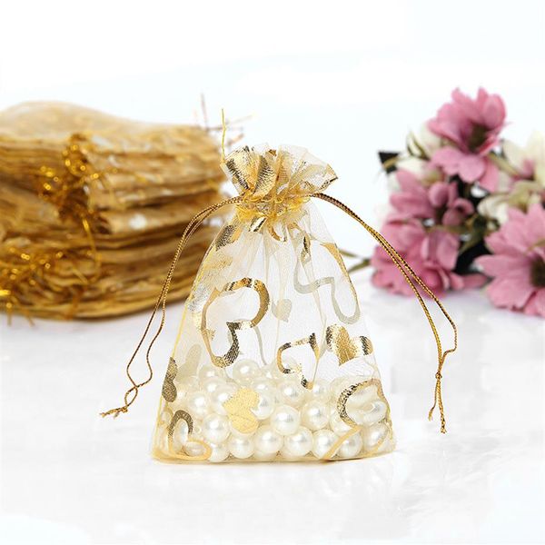 200 pçs Sacos de Cordão de Organza Coração Dourado Saco de Presente de Casamento 9X12 cm 3 5 x 4 7 polegadas Multi Cores 203V