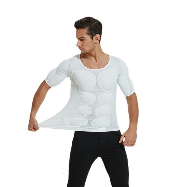 Мужские футболки мужчины формирование тела фальшивые мышечные усилители ABS невидимые накладки Топ-косплей рубашки с мягкой защитой.