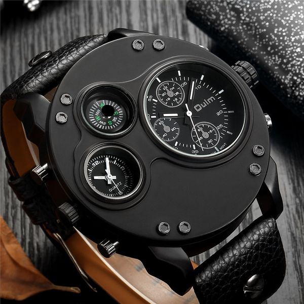 Oulm New Fashion Casual Sport Men's Watches Black Leather Dual Fuso Horário Relógio de Pulso Masculino Quartzo Tamanho Grande Relógio Militar de Luxo