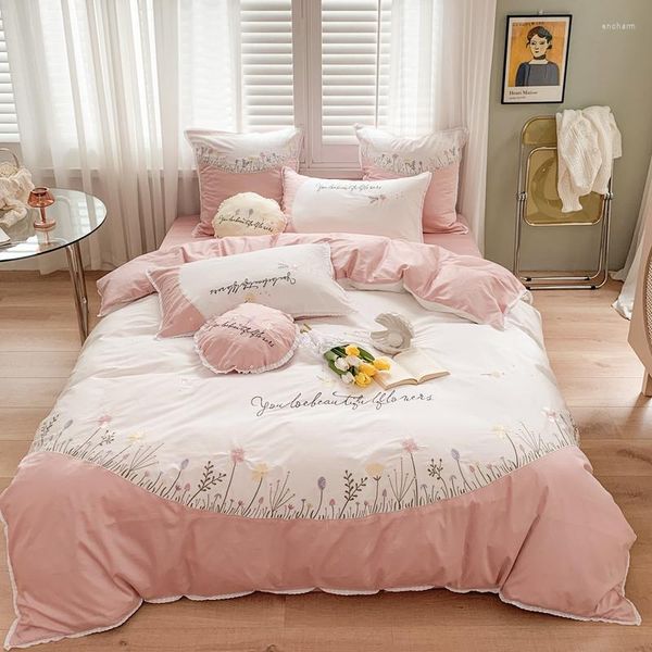 Conjuntos de cama conjunto bordado elegante 600TC algodão egípcio capa de edredom lençol plano fronhas 4 pçs