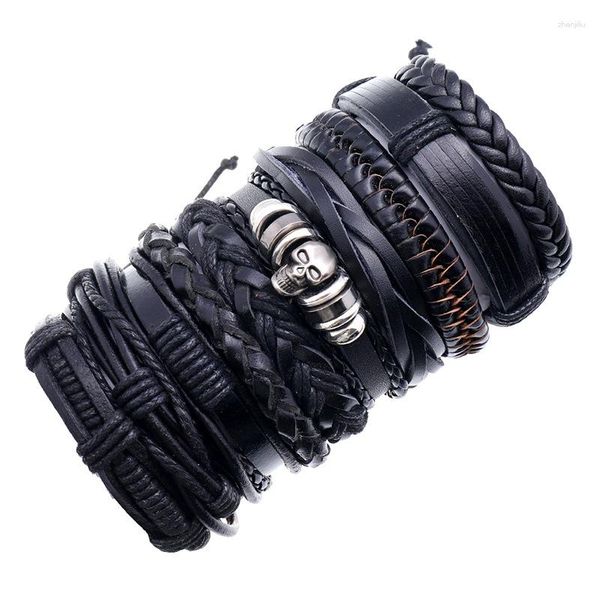 Pulseiras masculinas 10 pçs/conjunto Crânio Preto Pulseira de Couro Genuíno Moda Corda Envoltório Punho Faça Você Mesmo Jóias Femininas Acessórios