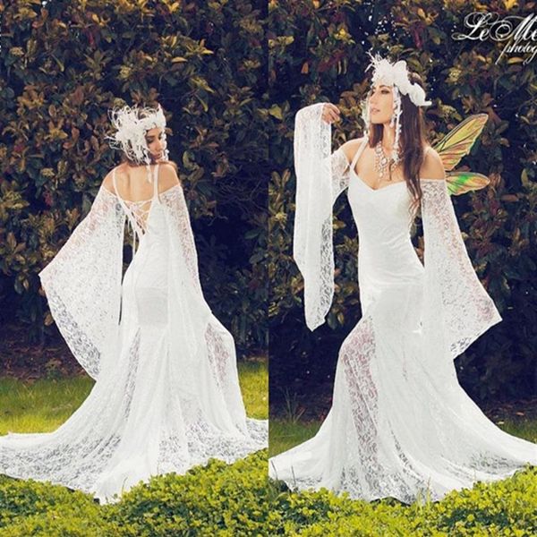Mittelalterliche viktorianische Brautkleider Spaghetti mit langen Ärmeln Brautkleider Gothic Lace Up Sexy Back Vestidos De Fiesta230s