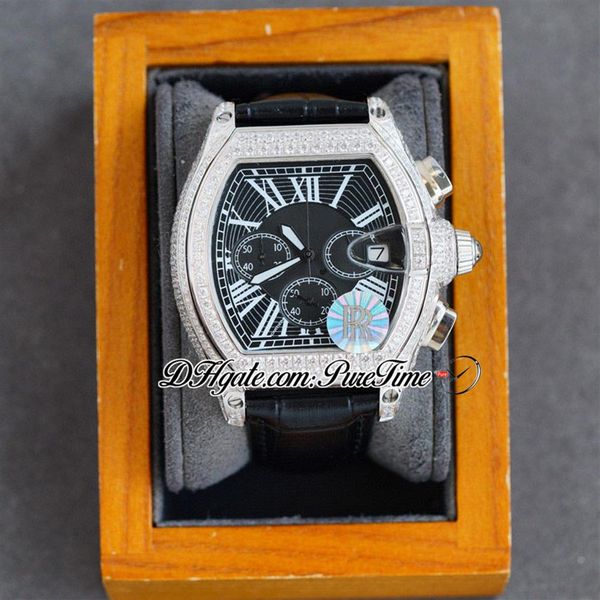 TWF Tortue XL Miyota Cronografo al quarzo Orologio da uomo Diamanti Cassa Quadrante nero Indici romani bianchi Cinturino in pelle Cronometro Jewel2496