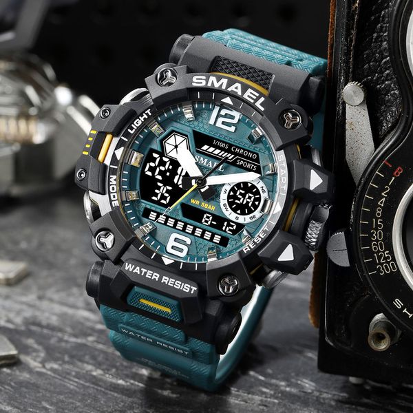 SMAEL Sport Dual Time Orologi da uomo Orologio impermeabile Retroilluminazione blu militare Display a LED Allarme Cronometro Orologio da polso Regalo maschile