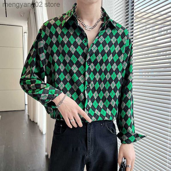 Erkekler Sıradan Gömlek Lüks Ekose Marka Gömlek Erkekler Trendi Kore tarzı uzun kollu gevşek erkek elbise gömlek Sokak kıyafetleri Sıradan Sosyal Kimya Homme T230714