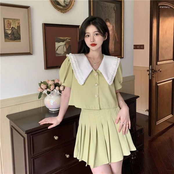 Zweiteiliges Kleid Korean Fashion 2 Blazer Set Frauen Puppenkragen Top und hohe Taille Falten Minirock Puffärmel Knopf Jacke Mantel Outfits