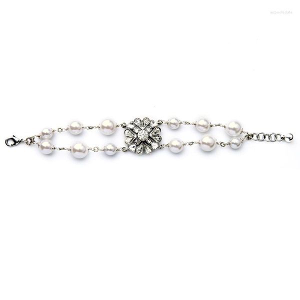 Charm Bracelets Romantic Bridal Jewelry Crystal Clear White Simulado Pearl Wedding Bracelet Silver Color Elegant Bangles