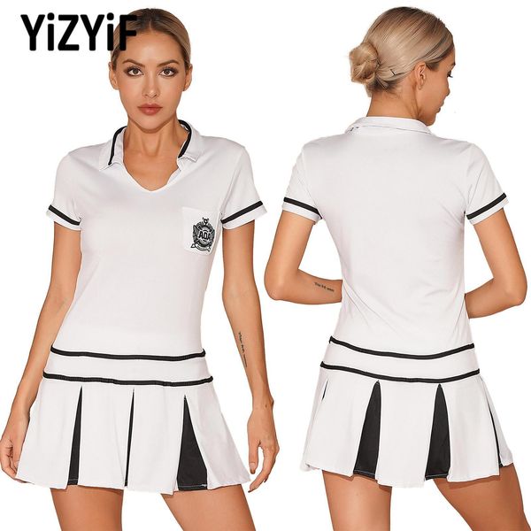 Andere Sportartikel 2023 Damen Tennis Golf Kleid Sommer Outfit V-Ausschnitt Plissee mit Shorts Team Sport Set Schulmädchen Uniform 2 Stück 230713