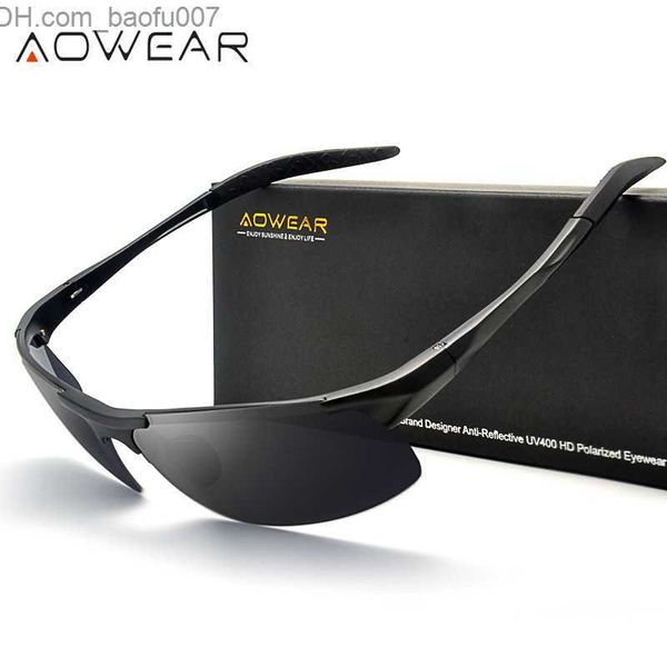 Güneş gözlükleri Aowear alüminyum alaşım açık hava lüks güneş gözlüğü erkekler için polarize spor tarzı erkekler için çerçevesiz güneş gözlüğü