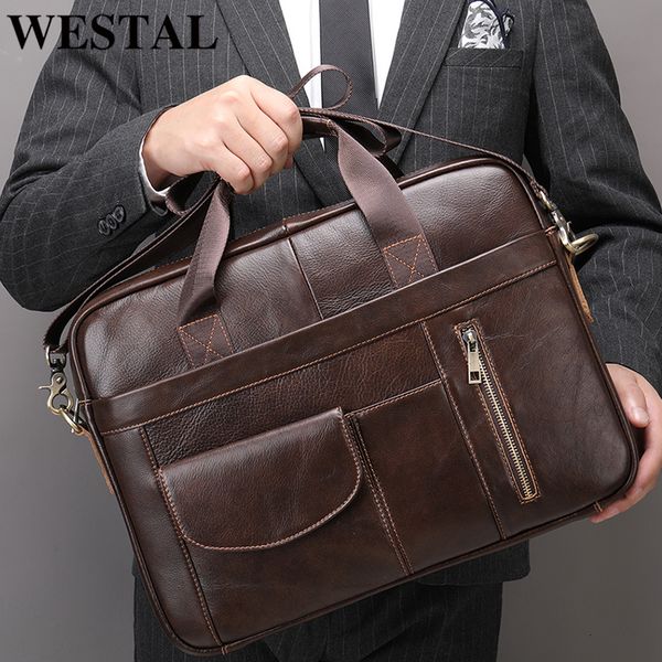 Pastas WESTAL Men's Leather Bags Man Leather Laptop Bag For Document A4 Pasta For Teens Men Portfolio Tote Messenger Bags 230714