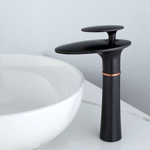 Rubinetti lavabo bagno Rubinetto cascata lavabo Olio nero Ottone Miscelatore monoforo Grifo Lavabo Lavaggio a freddo