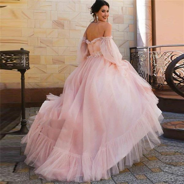 Stoffige Roze Trouwjurken Prinses Off Shoulder Pofmouwen Lange Plooien Ruches Tulle A Line Bruidsjurken Vestidos De Noiva258g