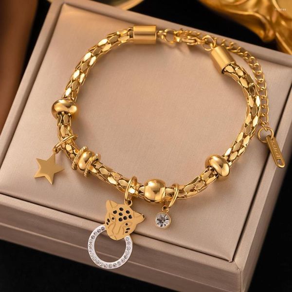 Link Armbänder Luxus Edelstahl Leopard Kopf Zirkon Armband Für Frauen Mädchen Armreifen Trend Schmuck Geburtstag Geschenke Kein Ausbleichen