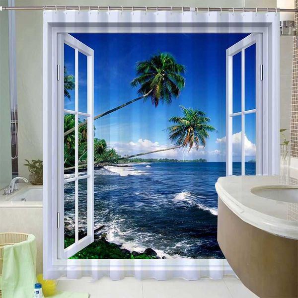 Cortinas de chuveiro paisagem tropical cortina de chuveiro 3d janela aberta oceano praia estrela do mar concha árvore cenário à prova dwaterproof água decoração do banheiro cortinas