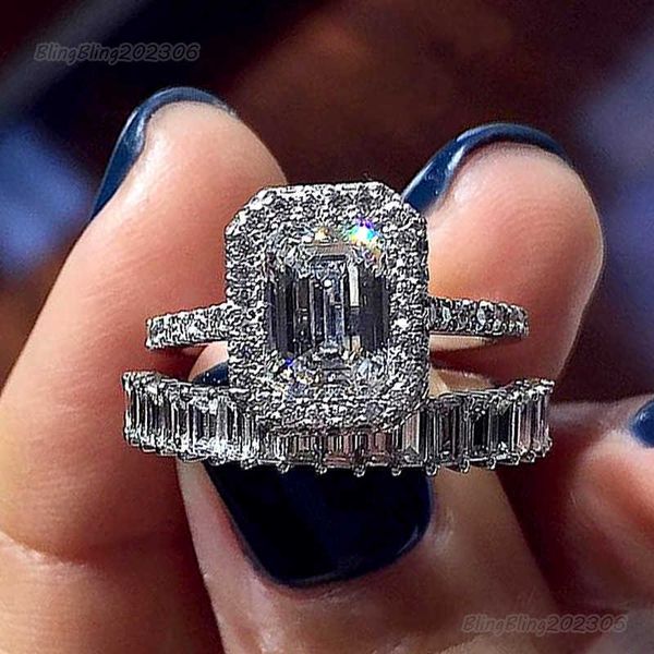 Bling Bling Vvs Moissanite Ring 100% 925 Sterling Ring Designer Style Topaz CZnew Anello coppia con diamante quadrato intarsiato per gli amanti Anelli d'argento