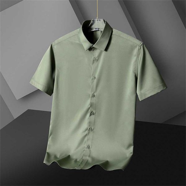 Camisa de seda masculina de verão, manga curta, lisa, justa, resistente a rugas, roupas casuais de negócios, camisas de meia-idade e jovenswqjswqjs