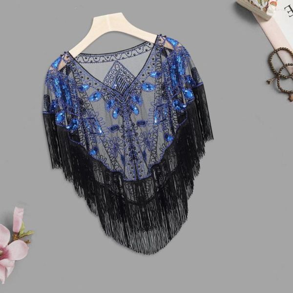 Schals Lady Party Schal 1920er Jahre Damen Pailletten Quaste Fransen Perlen Kunstperle Sheer Mesh Wrap Cape V-Ausschnitt Durchsichtige Vertuschung