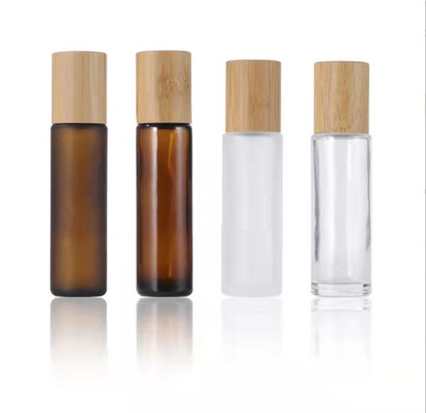 Garrafas de rolo de vidro transparente fosco 5ml 10ml com rolos de metal bola frascos de óleo essencial com tampa de bambu JL1564