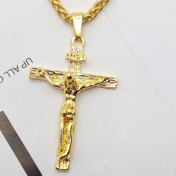 Real 10k Amarelo Sólido Ouro Fino GF Jesus Cruz Crucifixo Pingente Grande 31x47mm 60 Flor cesta corrente quilha corrente-60cm Colar HKD230714