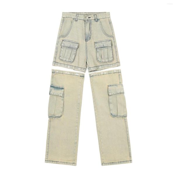 Jeans masculino retrô botões design destacável cargo largo calça masculina de perna reta envelhecida macacão jeans lavado feminino 2023