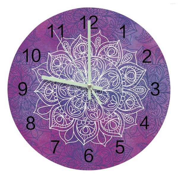 Relógios de parede roxo aquarela mandala ponteiro luminoso relógio enfeites para casa redondo silencioso sala de estar quarto escritório decoração