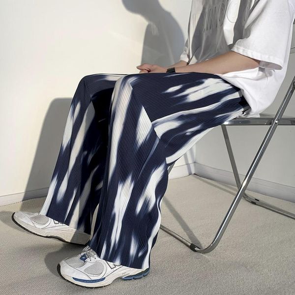 Pantaloni da uomo Nero Tie-dye Gamba larga Estate Sciolto Dritto Drappo di seta del ghiaccio Casual 2023 Uomini pieghettati stile coreano Y2k