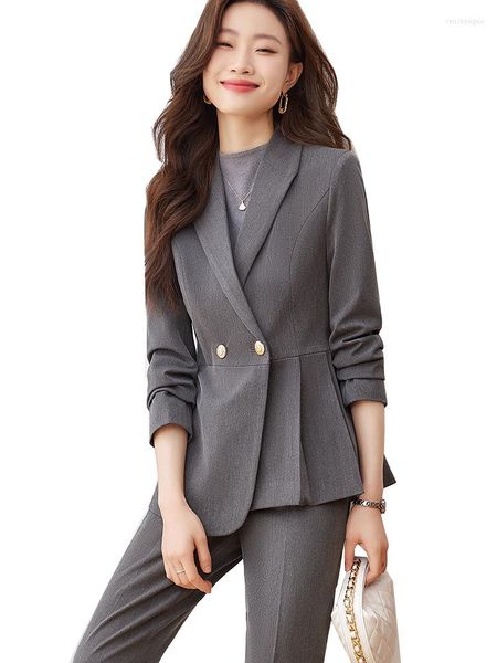 Calças femininas de duas peças elegante azul marinho preto feminino terno de calças femininas roupas de trabalho jaqueta formal e calças femininas negócios blazer conjunto 2