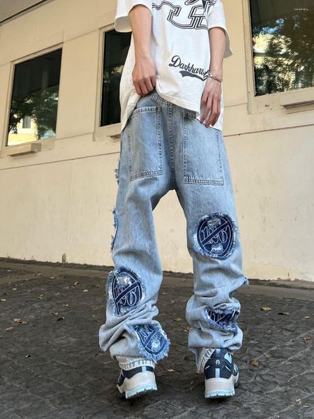 Мужские брюки весенняя осень хип-хоп джинсы широкая нога высокая улица вымыта джинсовая повседневная свободная прямая брюки унисекс