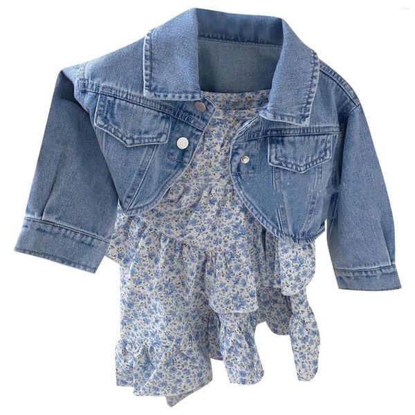 Jaquetas para crianças pequenas meninas primavera e outono azul sólido denim jaqueta com bolso falso floral frente única bolo saia roupas para adolescentes roupas para bebês