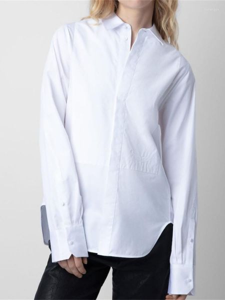 Camicette da donna Camicia con ricamo logo bianco Donna Stile semplice da pendolare Colletto rovesciato Camicetta monopetto femminile allentata Autunno 2023