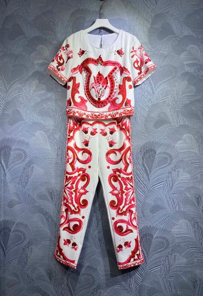 Conjunto feminino 2023 primavera e outono moda blusa com decote redondo e calça conjunto conjunto de duas peças _ calças femininas GG de duas peças