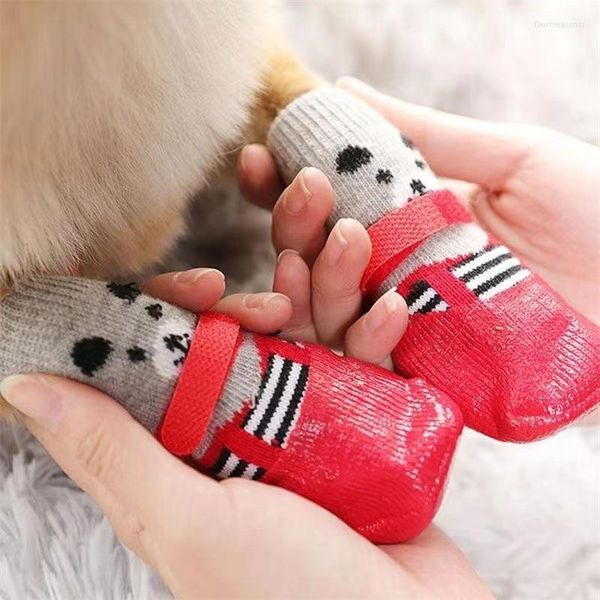 Hundebekleidung, 4 Stück/Set, Socken, wasserdichte Schuhe, rutschfeste Sohlen, verstellbare, kratzfeste Fußabdeckung, schmutzabweisendes Haustier, atmungsaktiv, warm gestrickt