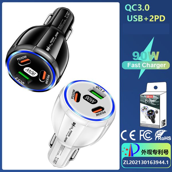 Автомобиль Quick Charger Adapter 90W 3 Ports PD30W QC3.0 USB-C Type-C CAR Fast Chargers Быстрая зарядка для iPhone 15 14 Samsung S22 S23 Ultra Mobile Phone