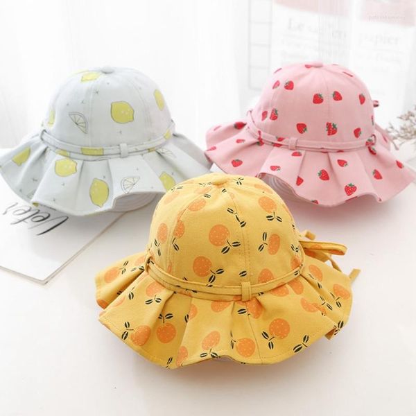 Berets Sommer Sonnenhut Für Mädchen Baumwolle Süße Frucht Druck Kinder Eimer Hüte Bowknot Prinzessin Kinder Kappe Reise Schutz 1-3Y