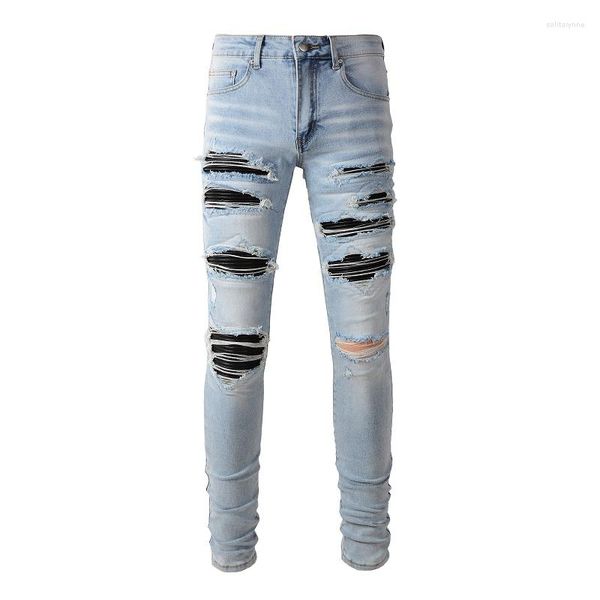 Herren Jeans Herren Schwarz Plissee Patch Biker Streetwear Hellblau Stretch Denin Hose Zerrissene Skinny Tapered Hose