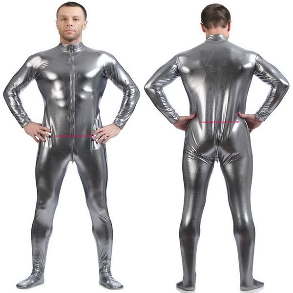 Traje de corpo masculino frontal longo zíper prata cinza brilhante lycra metálico traje masculino macacão traje sem cabeça mão halloween248i