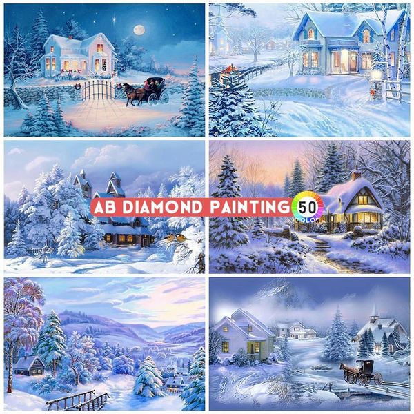 Pintura de diamante AB Pintura de diamante 5D Inverno Strass Bordado Casa Ponto de cruz Decoração de paisagem para casa Full Drill DIY Adesivos de parede 230714