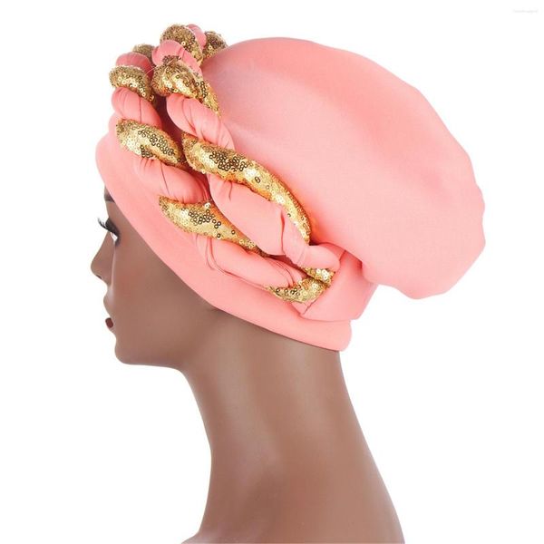 Abbigliamento etnico Copricapo per donna Berretto intrecciato africano Turbante con paillettes Capelli lunghi Fascia per capelli Berretto musulmano XIN-