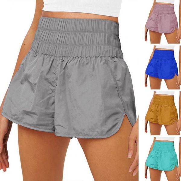 Shorts Feminino Cintura Alta Faixa Larga Ginásio Cor Sólida Secagem Rápida Acima do Joelho Correr Split Jogging