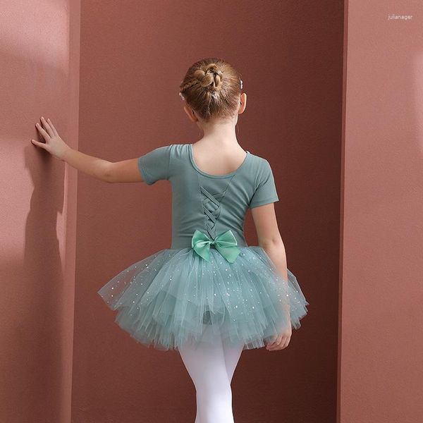 Bühnenkleidung Mädchen Ballett Tanz Tutu Kleid Kinder Kinder Hochwertige kurze / lange Ärmel Tüll Schleife Gymnastik Trikot