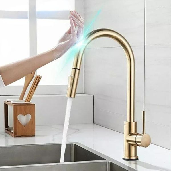 Hersteller von Küchenarmaturen Edelstahl 304 Smart Gold Wasserhahn Wasserhahn Pull-Down-Touch-Sensor