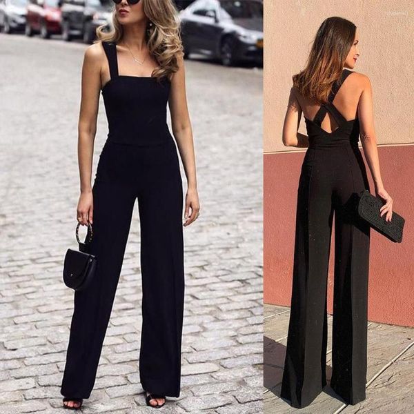 Vestidos Casuais Macacão Calças de Pernas Largas Para Tubo Reto Cintura Abertura Costas Preto Estilo Fino Vestido Longo