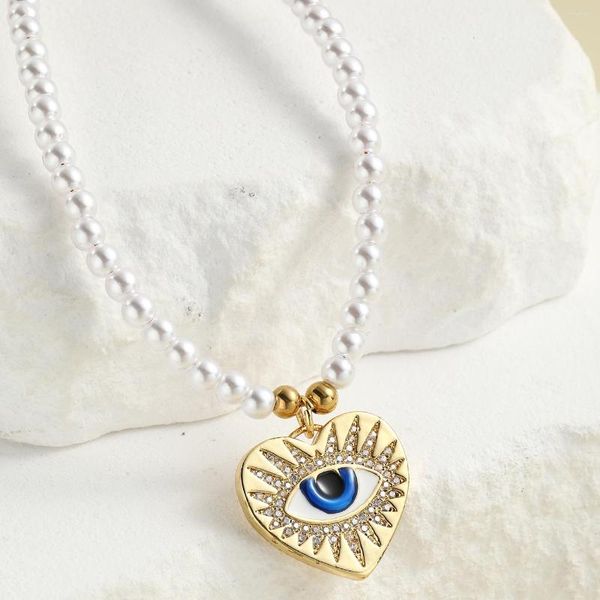 Подвесные ожерелья любят сердце злой голубой цвет золотой цвет имитации жемчужное ожерелье для женщин из нержавеющей стали застежки