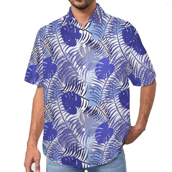 Camicie casual da uomo Camicia da spiaggia tropicale con foglie di palma Foglie blu Stampa Camicette da uomo estive Y2K Design a maniche corte Top Taglie forti