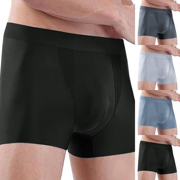 Cuecas homem cueca boxer de seda gelo cintura baixa fina sem costura respirável masculino sexy cor sólida praia natação