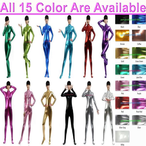 15 Farben glänzendes Lycra Metallic Damen Catsuit Kostüm vorne langer Reißverschluss Sexy Damen Strumpfhosen Body Suit Kostüme Halloween Party 285 Jahre