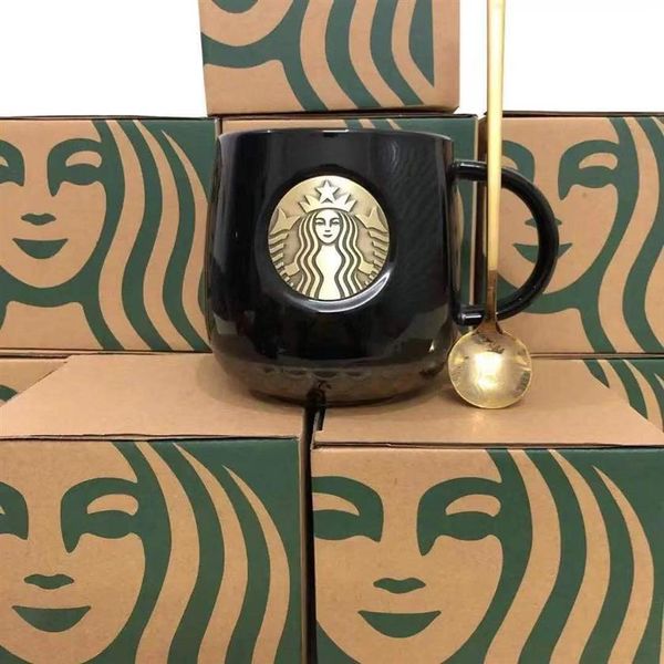 414 ml Starbucks Tassen Kuss Tassen mit Löffel Paar Keramiktasse Verheiratete Paare Jubiläum Meerjungfrau Bronze Medaillon Geschenk Products248T