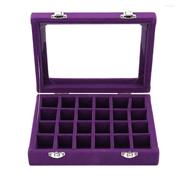 Sacchetti per gioielli Viola 24 Slot Scatola di vetro in velluto Organizer Anelli Orecchini Vassoio Display Custodia