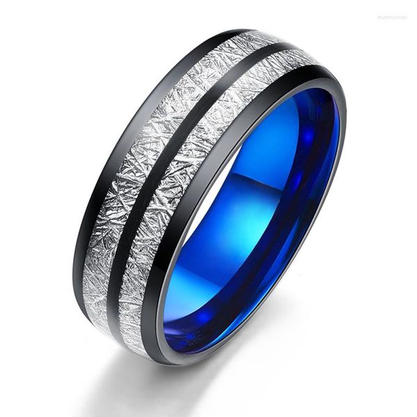 Anéis de casamento moda 8mm masculino preto titânio aço duplo sulco fibra de carbono incrustado cúpula inoxidável para joias
